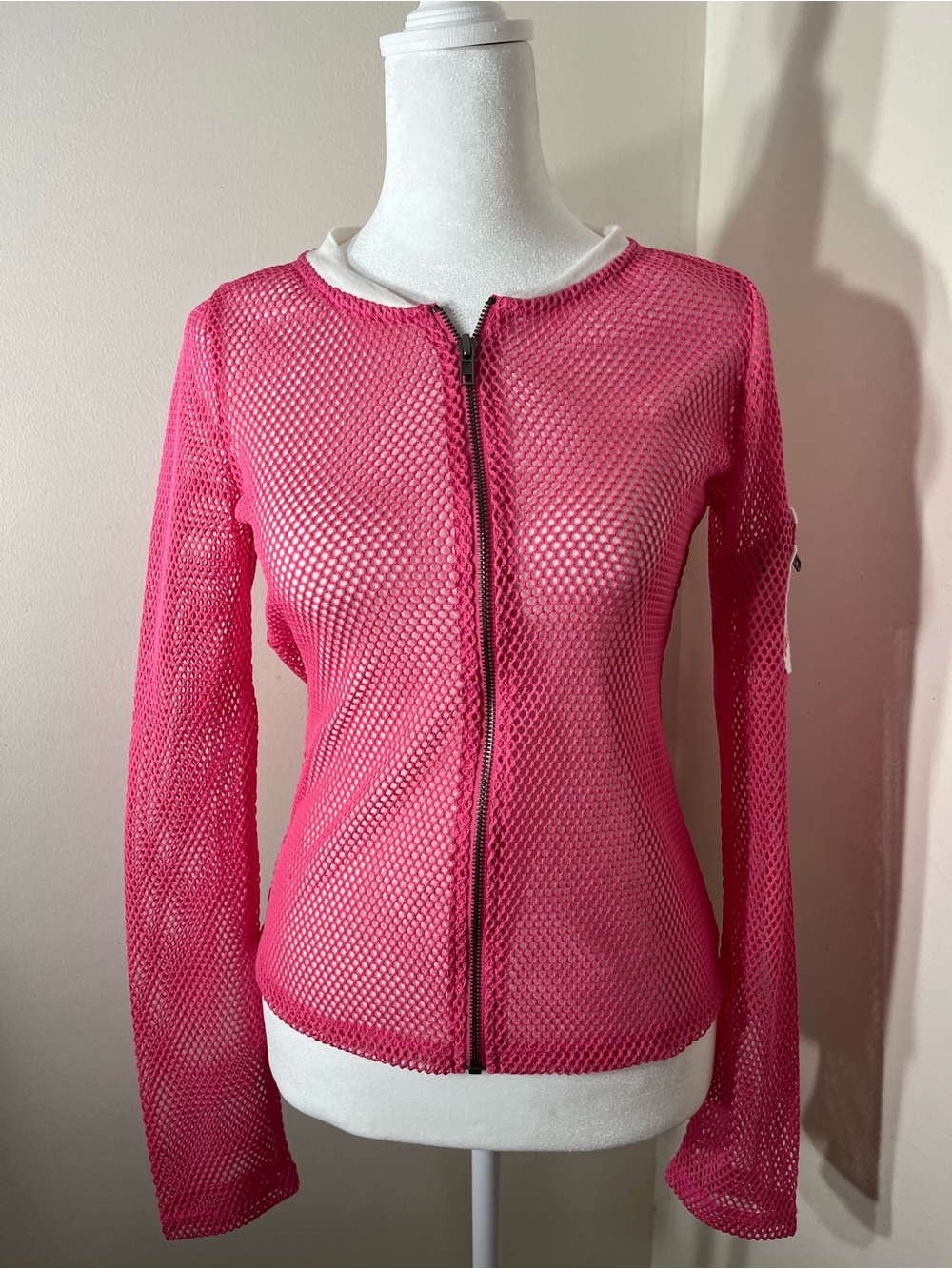 DKNY Hot Pink Mesh Zip-Front Long Sleeve Top